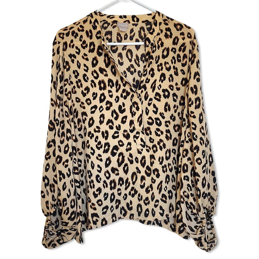 Chicos Womens Top Size 3P US LG/XL Petite Leopard Print Blouse Work Wear Career